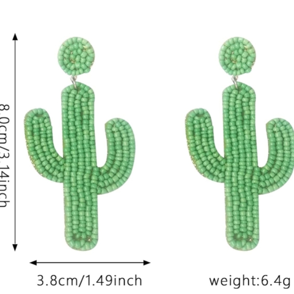 NWT Green Beaded Cactus Earrings Thee Inches - Picture 3 of 9
